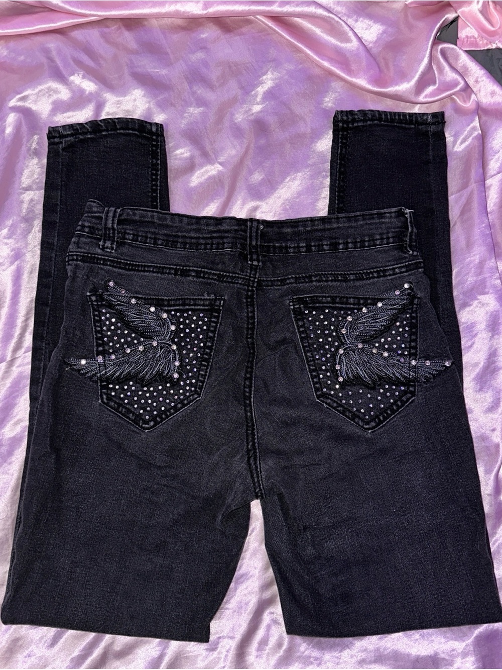 Black Skinny Jeans with Embellished Wing Back Pockets